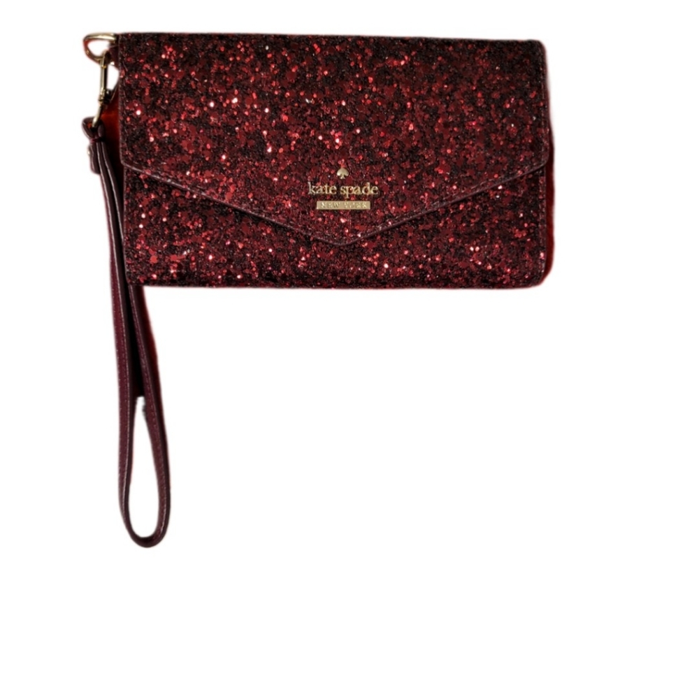 Vintage Kate spade Crimson Red Sparkle Trifold Envelope Leather Wallet/W…